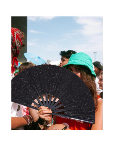 Abanico Plegable Grande 33 cm Brillo Negro para Danza y Fiesta