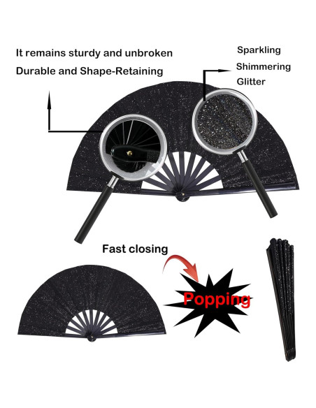 Abanico Plegable Grande 33 cm Brillo Negro para Danza y Fiesta Abanico Plegable Grande 33 cm Brillo Negro para Danza y Fiesta