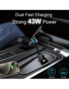 Cargador de coche USB C 43W MFi para iPhone 16 15 con cable 1m 2