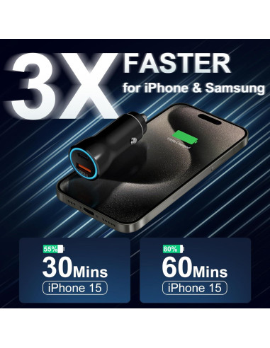 Cargador de coche USB C 43W MFi para iPhone 16 15 con cable 1m