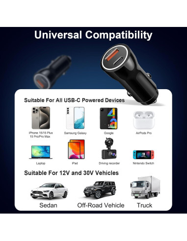 Cargador de coche USB C 43W MFi para iPhone 16 15 con cable 1m