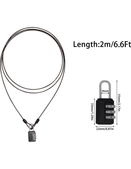 3 Cables de Seguridad 2.0m con Candado ZHMEINA Negro 3 Cables de Seguridad 2.0m con Candado ZHMEINA Negro