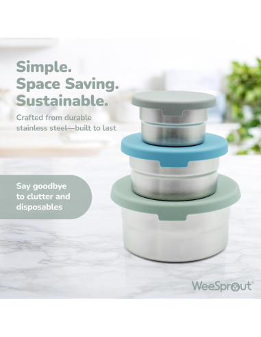 Contenedores de Almacenamiento de Alimentos WeeSprout - 3 Piezas Acero Inoxidable 90ml, 180ml, 380ml