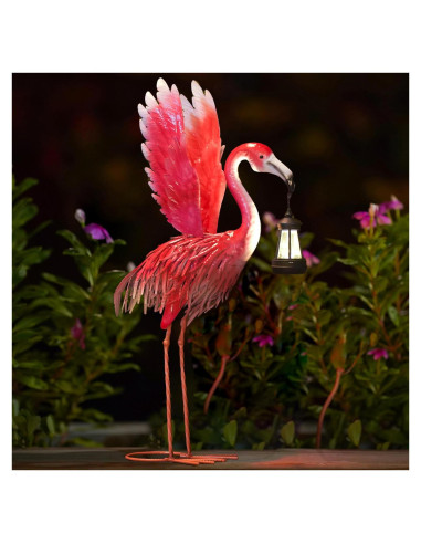 Estatua de Flamenco Rosa de Metal con Linterna Solar Goodeco