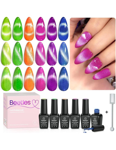 Kit de Esmalte de Uñas Gel Cat Eye Beetles - 6 Colores Neón
