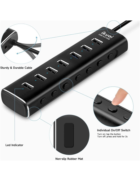 Hub USB 3.0 Alimentado de 7 Puertos ikuai con Adaptador Hub USB 3.0 Alimentado de 7 Puertos ikuai con Adaptador