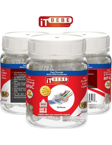 Conectores RJ45 Cat6a ITBEBE - 50 Piezas Baño de Oro 23 AWG