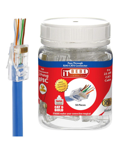Conectores RJ45 Cat6a ITBEBE - 50 Piezas Baño de Oro 23 AWG