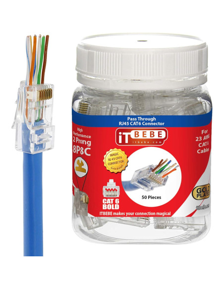 Conectores RJ45 Cat6a ITBEBE - 50 Piezas Baño de Oro 23 AWG Conectores RJ45 Cat6a ITBEBE - 50 Piezas Baño de Oro 23 AWG