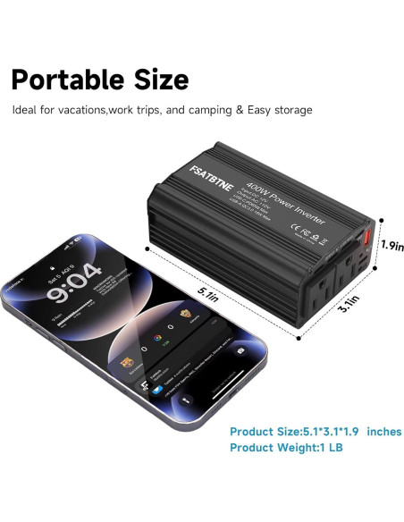 Inversor de Potencia 400W FSATBTNE con 2 Salidas AC y USB Inversor de Potencia 400W FSATBTNE con 2 Salidas AC y USB
