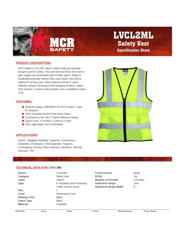 Chaleco de Seguridad MCR Safety LVCL2MLM Dama Lima Mediano