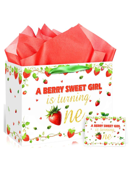 Bolsa de Regalo para 1er Cumpleaños Niña Fresa con Tarjeta Bolsa de Regalo para 1er Cumpleaños Niña Fresa con Tarjeta