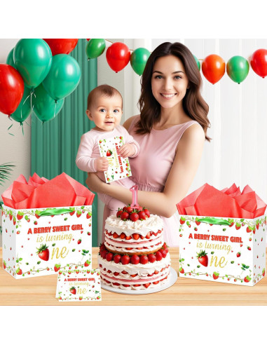 Bolsa de Regalo para 1er Cumpleaños Niña Fresa con Tarjeta