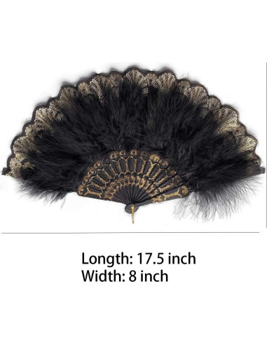Abanico de Plumas Bordadas Happy Feather Vintage Negro 52x28cm