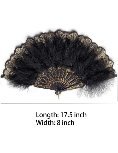 Abanico de Plumas Bordadas Happy Feather Vintage Negro 52x28cm Abanico de Plumas Bordadas Happy Feather Vintage Negro 52x28cm