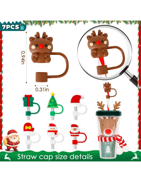 7 Tapas de Paja de Navidad Zasukol Silicona Reutilizables 10mm 7 Tapas de Paja de Navidad Zasukol Silicona Reutilizables 10mm
