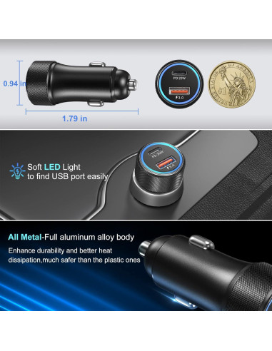 Cargador de Coche USB C Bangfun 36W Doble Puerto PD QC 3.0