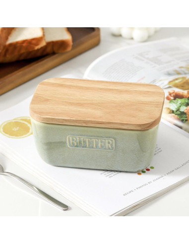 Plato de Mantequilla Cerámica HVH con Tapa de Madera Verde