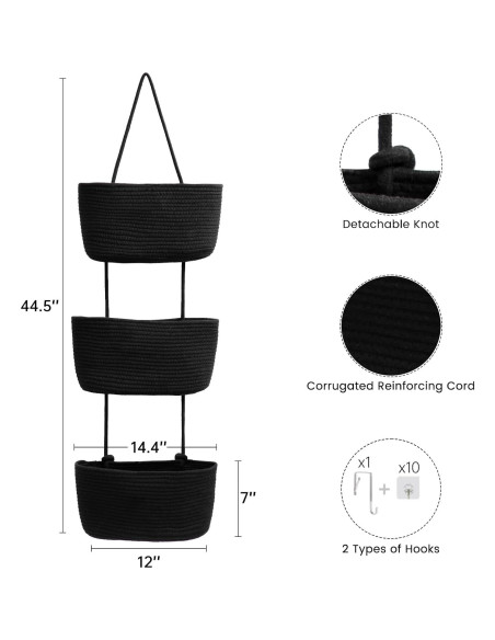Organizador colgante TeoKJ 3 niveles algodón negro Organizador colgante TeoKJ 3 niveles algodón negro