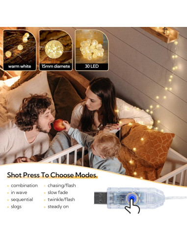 Luces de Cuerda BEEWIN 3M 30 LED Blanco Cálido USB Decorativas