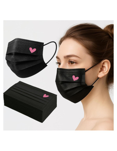 Paquete de 50 mascarillas desechables negras MEESOUL 3 capas con corazones