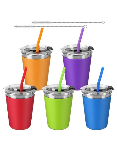 5 Vasos de Acero Inoxidable ShineMe con Pajitas y Tapas 350ml