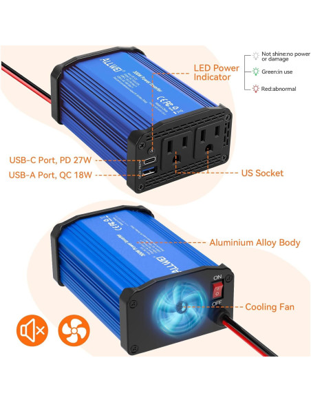 Inversor de Potencia 300W ALLWEI 12V a 220V con USB-C y USB-A Inversor de Potencia 300W ALLWEI 12V a 220V con USB-C y USB-A