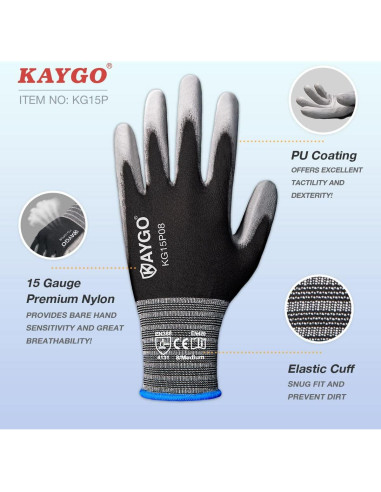 Guantes de Trabajo KAYGO KG15P PU 12 Pares X-Large Gris