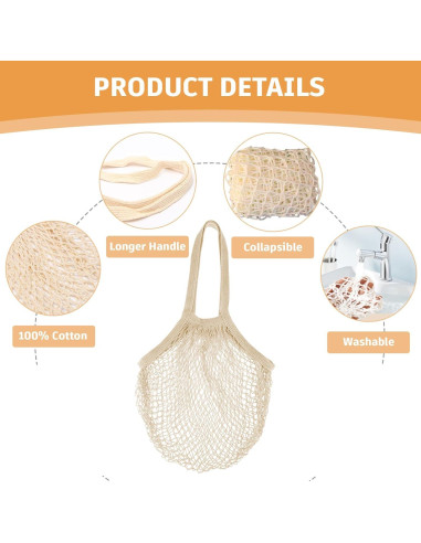 Paquete de 3 Bolsas de Malla de Algodón Reutilizables Beige
