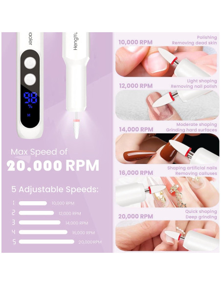 Kit de Taladro de Uñas Eléctrico Inalámbrico HengYuaoler 3 Velocidades Kit de Taladro de Uñas Eléctrico Inalámbrico HengYuaoler 3 Velocidades