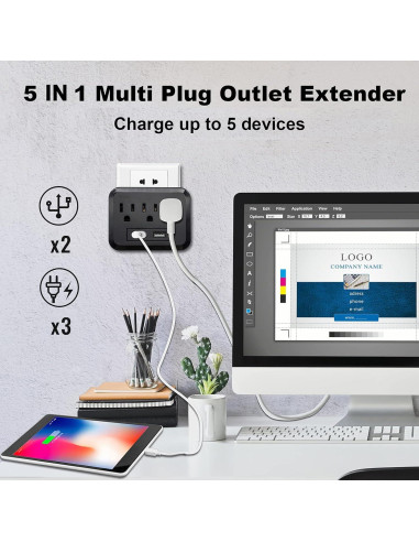 Extensor de Enchufe Múltiple ZHOORQI 5 en 1 con 2 USB 1875W