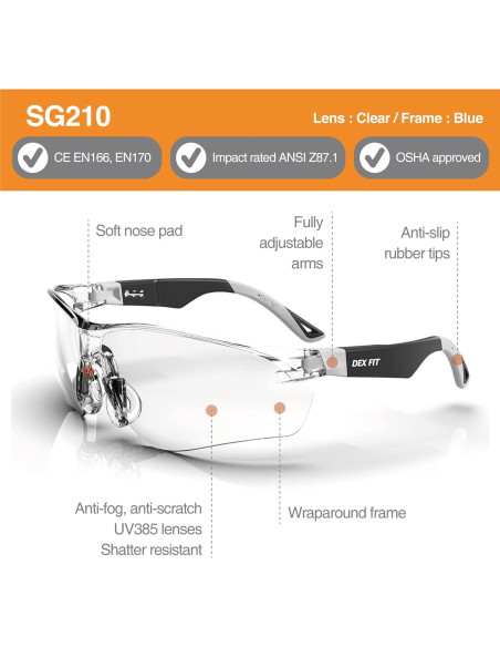 Gafas de Seguridad DEX FIT SG210 Antivaho UV385 Ajustables Gafas de Seguridad DEX FIT SG210 Antivaho UV385 Ajustables