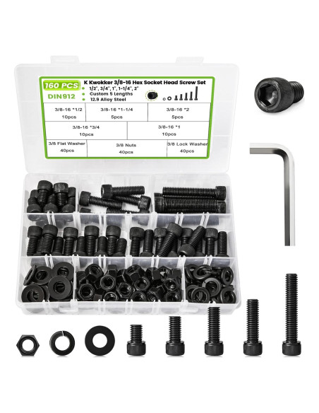 Kit de Tornillos y Tuercas K Kwokker 160Pcs 3/8-16 Acero 12.9 Kit de Tornillos y Tuercas K Kwokker 160Pcs 3/8-16 Acero 12.9