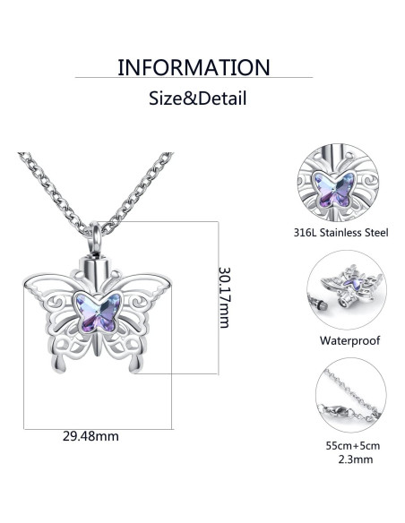Collar de Urna de Cremación Mariposa QeenseKc Acero Inoxidable Collar de Urna de Cremación Mariposa QeenseKc Acero Inoxidable