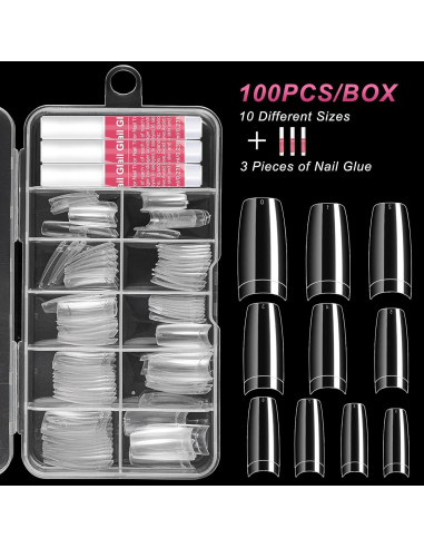 Kit de Uñas Falsas Transparentes Krofaue 100 Pcs con Pegamento