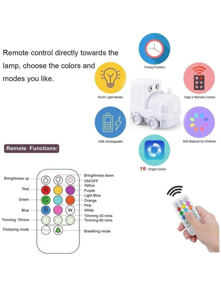Luz Nocturna Tekemai Tren Recargable USB 9 Colores Ajustable Luz Nocturna Tekemai Tren Recargable USB 9 Colores Ajustable
