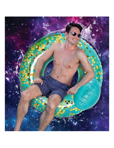 Flotador Inflable Alienígena POZA 91 cm Azul Dorado con Confeti