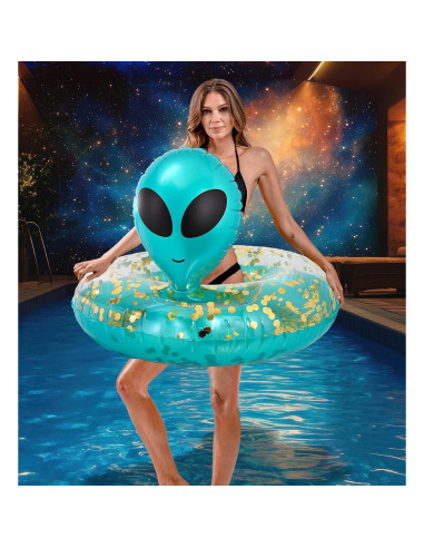 Flotador Inflable Alienígena POZA 91 cm Azul Dorado con Confeti