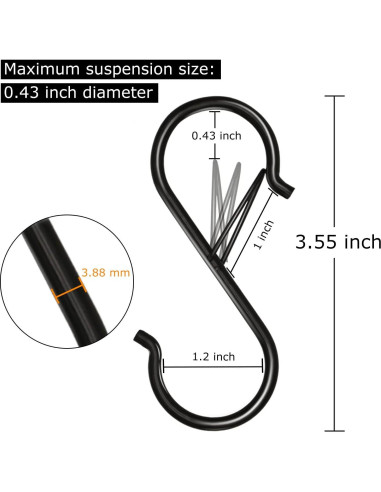Ganchos en S de Metal Waitkey - Paquete de 8, 8.9 cm, Negro