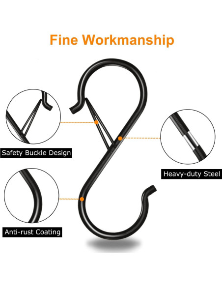 Ganchos en S de Metal Waitkey - Paquete de 8, 8.9 cm, Negro Ganchos en S de Metal Waitkey - Paquete de 8, 8.9 cm, Negro
