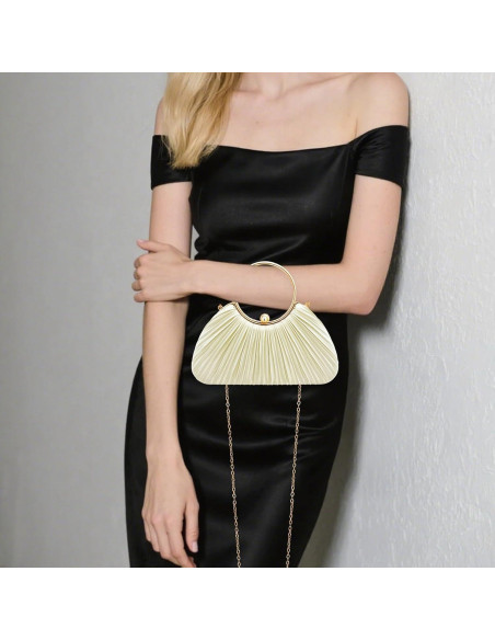 Bolso de Noche Plisado de Seda Beige para Mujeres - 22.8x6x19cm Bolso de Noche Plisado de Seda Beige para Mujeres - 22.8x6x19cm