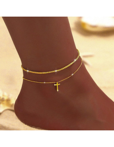 Pulseras de Tobillo para Mujeres Oro 14K con Cristales Cruz Pulseras de Tobillo para Mujeres Oro 14K con Cristales Cruz
