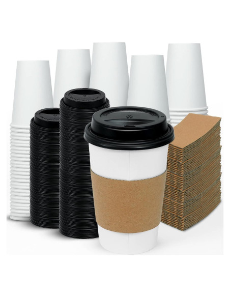 Tazas de Café Desechables Ginkgo 16 oz con Tapas y Mangas - 100 Unidades Tazas de Café Desechables Ginkgo 16 oz con Tapas y Mangas - 100 Unidades