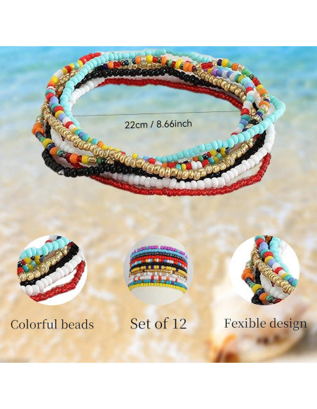 Conjunto 12 Pulseras de Tobillo Elásticas Boho Coloridas para Mujeres Conjunto 12 Pulseras de Tobillo Elásticas Boho Coloridas para Mujeres