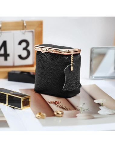 Monedero de Cuero Genuino para Mujeres Litchi Negro Mini
