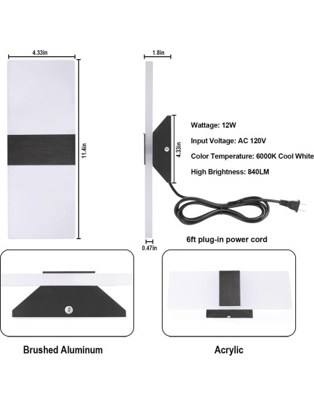 Aplique de Pared LED TRLIFE 12W 6000K Negro con Enchufe Aplique de Pared LED TRLIFE 12W 6000K Negro con Enchufe
