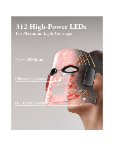 Máscara de Terapia de Luz Roja ZYM, 5 Modos, 312 LEDs, Inalámbrica