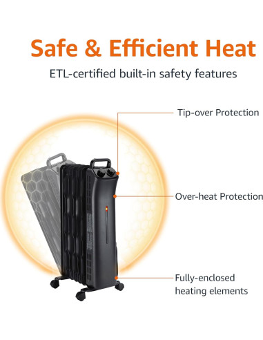 Calefactor Radiante Portátil Amazon Basics 1500W Negro 7 Aletas