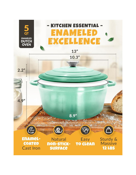 Horno Holandés CRUSTLOVE 5QT Verde con Cesta y Lame Horno Holandés CRUSTLOVE 5QT Verde con Cesta y Lame