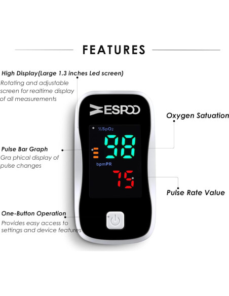 Oxímetro de Pulso ESPOO YM102 con Pantalla LED y 2 Pilas AAA Oxímetro de Pulso ESPOO YM102 con Pantalla LED y 2 Pilas AAA